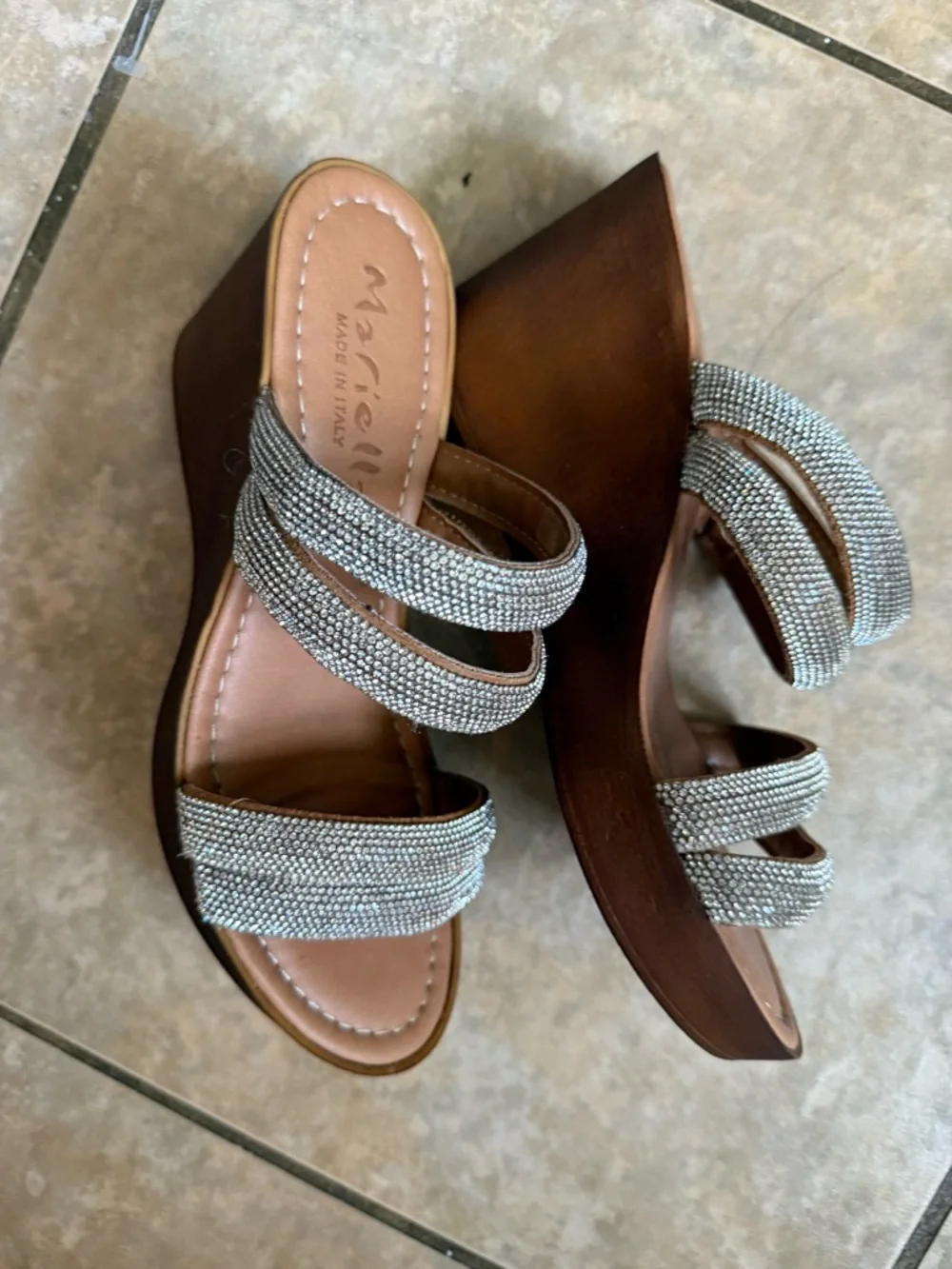 Marille. Silver Crystal Strappy Brown Wood Wedge Sandals soft rubber - Picture 1 of 7